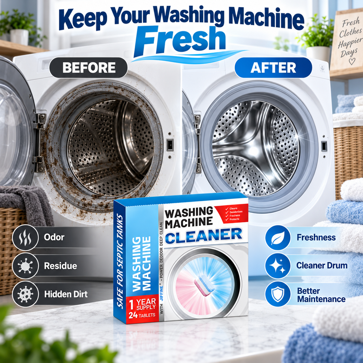 Washing Machine Cleaner Tablets 24 Pack, Powerful Deep Clean Washer Tablets for Front Load and Top Load Washers, Removes Odor, Limescale & Hidden Residue, Keeps Laundry Machine Fresh