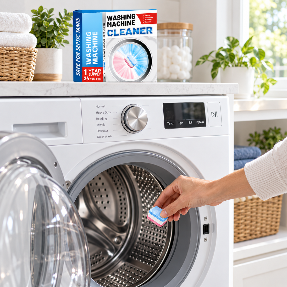 Washing Machine Cleaner Tablets 24 Pack, Powerful Deep Clean Washer Tablets for Front Load and Top Load Washers, Removes Odor, Limescale & Hidden Residue, Keeps Laundry Machine Fresh