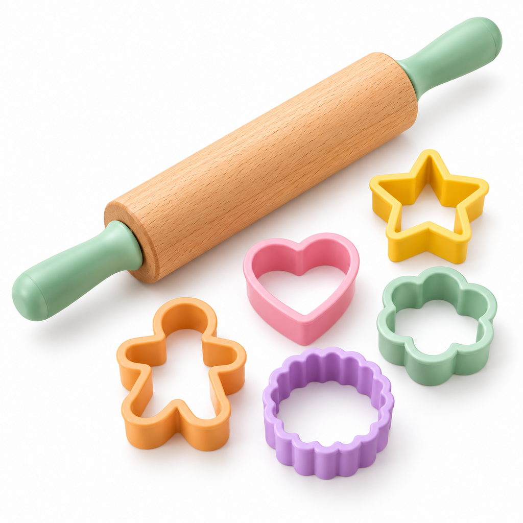 Wooden Rolling Pin and Cookie Cutter Set