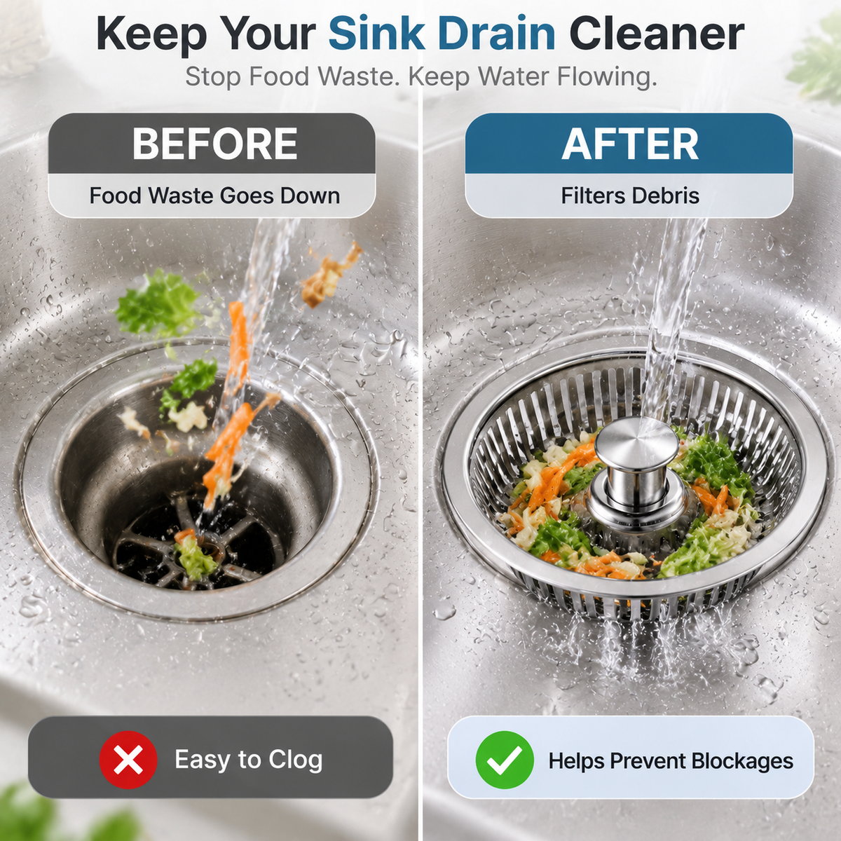 Sink Drain Strainer Stainless Steel, Kitchen Sink Filter Basket with Fine Mesh, Anti-Clog Drain Protector, Food Catcher Basket with Easy Removal Handle