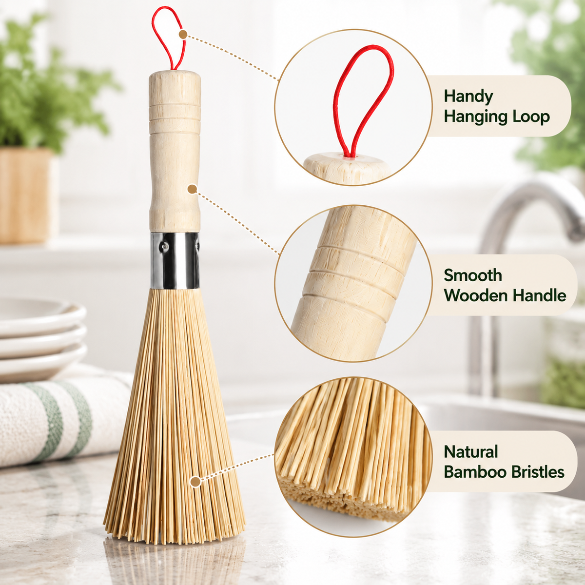Natural Fiber Dish Brush with Wooden Handle, Eco-Friendly Kitchen Scrub Brush for Cleaning Pots, Pans, Dishes and Sinks, Durable Bristles with Hanging Loop