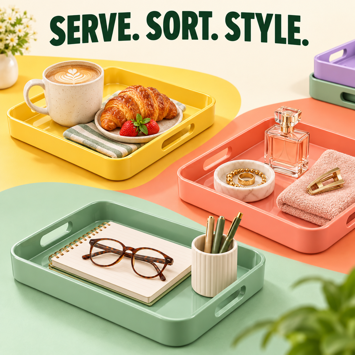 Multicolor Rectangular Serving Tray with Handles