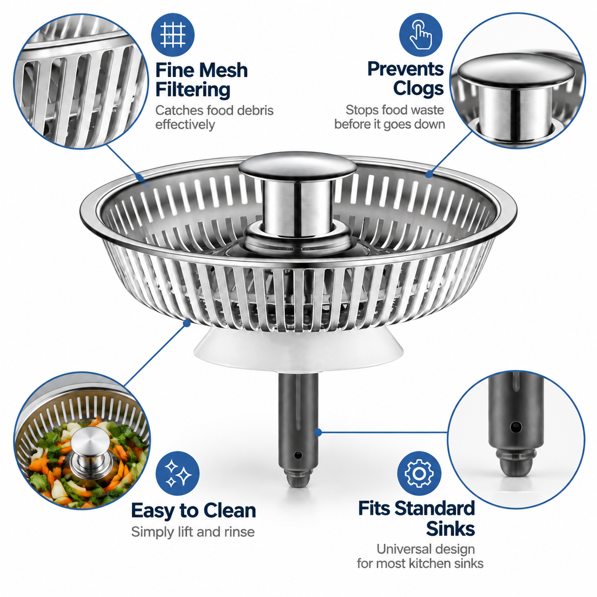 Sink Drain Strainer Stainless Steel, Kitchen Sink Filter Basket with Fine Mesh, Anti-Clog Drain Protector, Food Catcher Basket with Easy Removal Handle