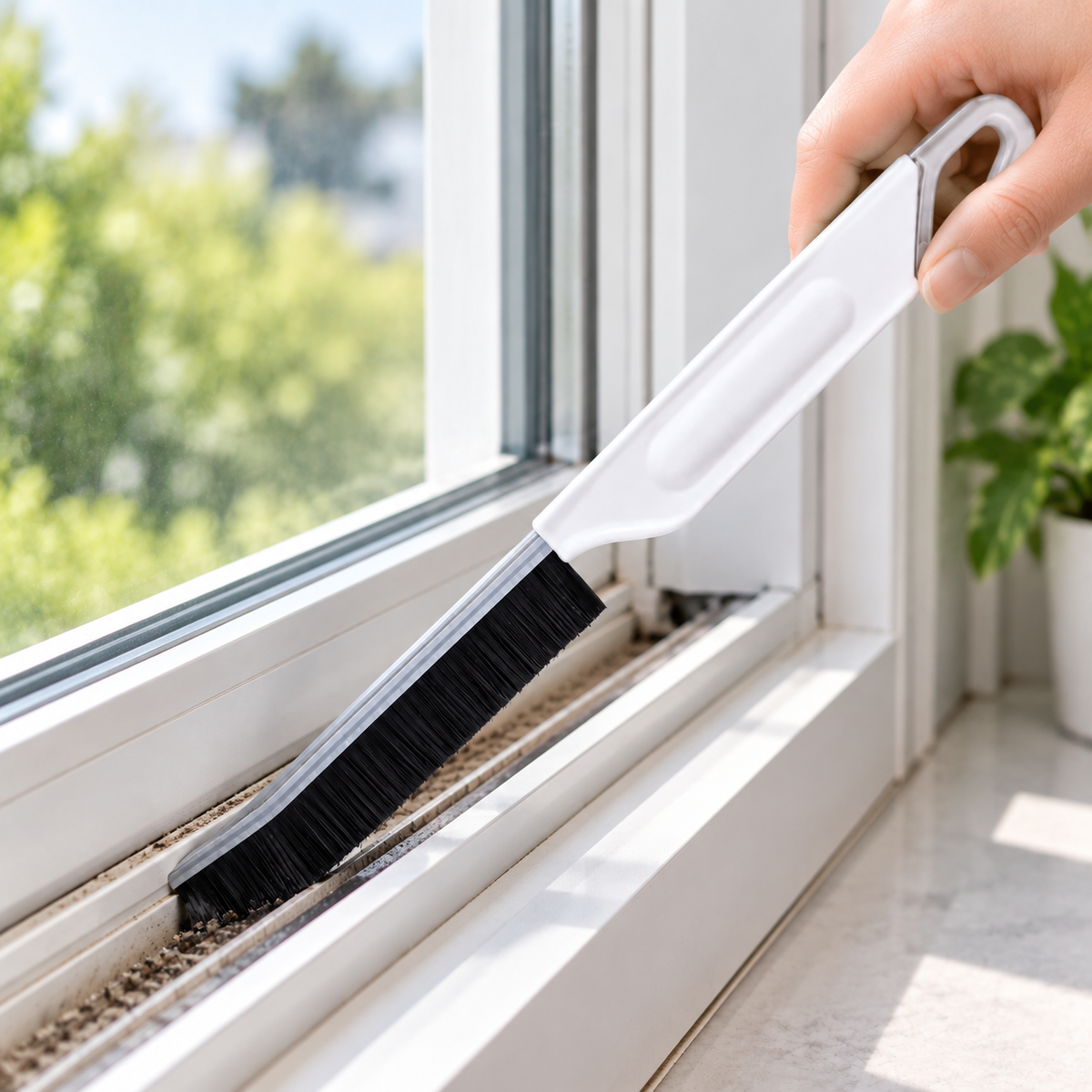 Long Handle Cleaning Brush, Slim Window Groove Cleaner with Dense Bristles, Crevice Cleaning Brush for Sliding Door Tracks, Window Frames, Kitchen Appliances and Home Use