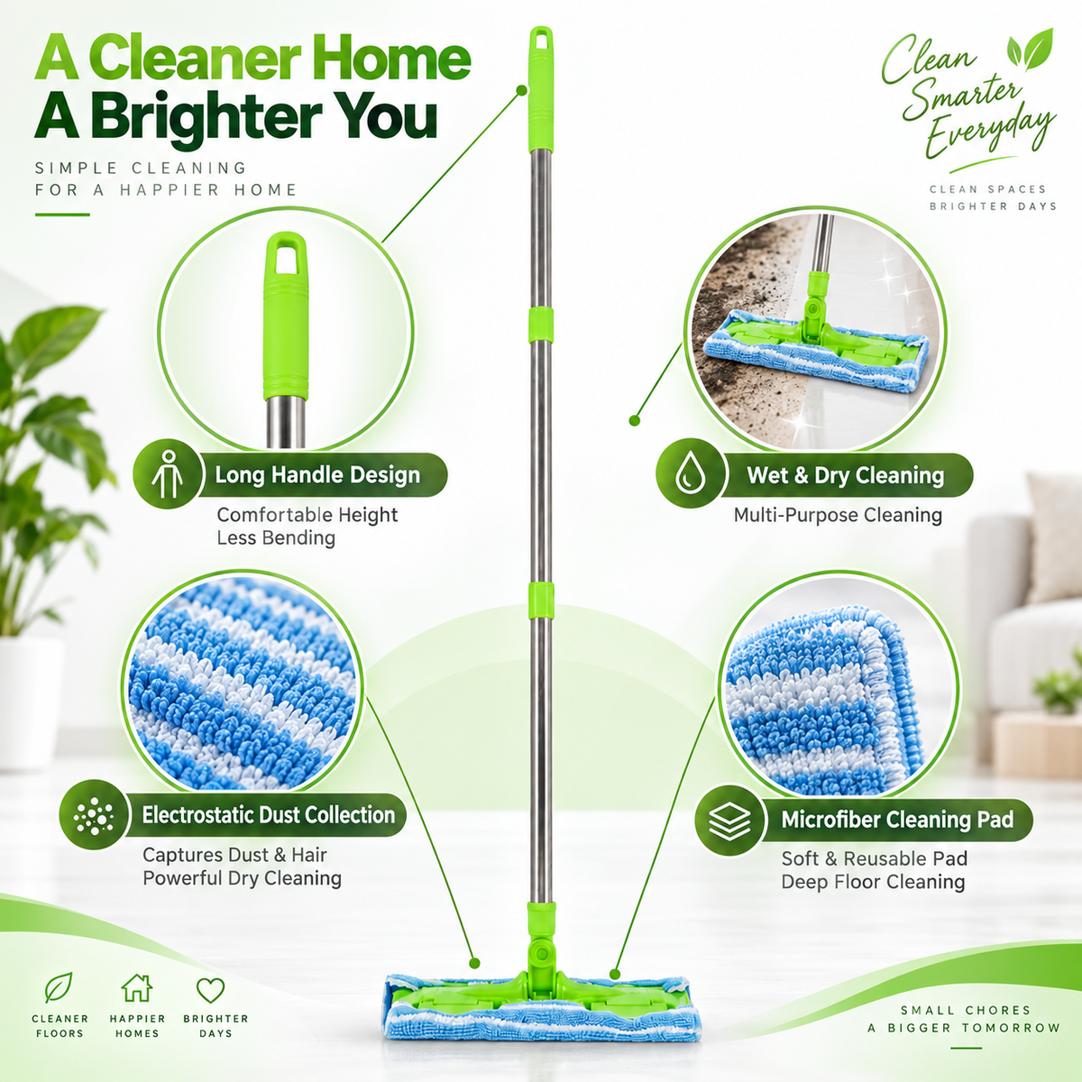 Microfiber Flat Mop for Floor Cleaning, Wet Dry Dust Mop with Washable Pads and Adjustable Long Handle, Hardwood Floor Cleaner for Home, Kitchen and Bathroom
