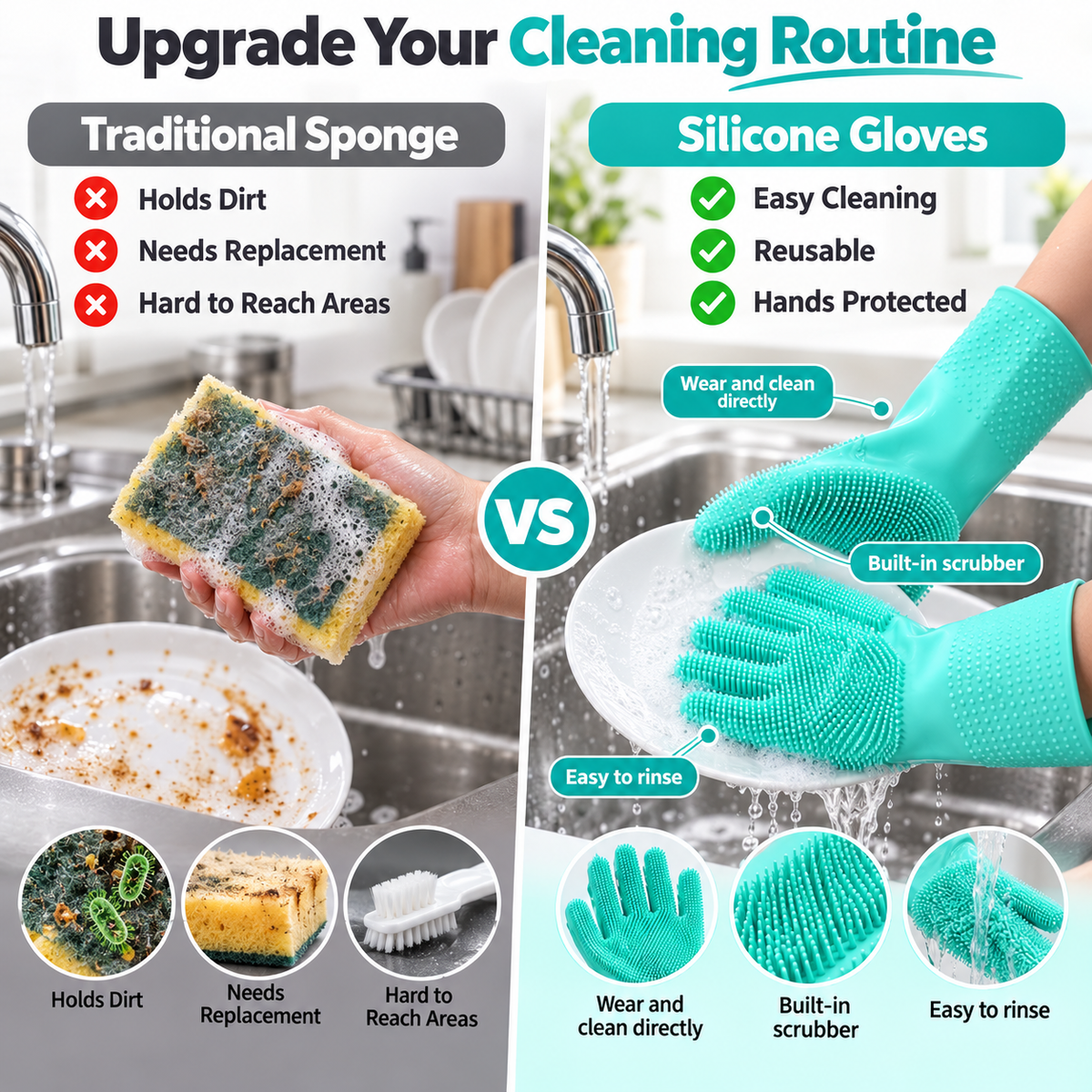 Silicone Dishwashing Gloves with Scrubber, Reusable Cleaning Gloves for Kitchen, Bathroom & Household Use, Waterproof Heat Resistant Gloves with Soft Silicone Bristles