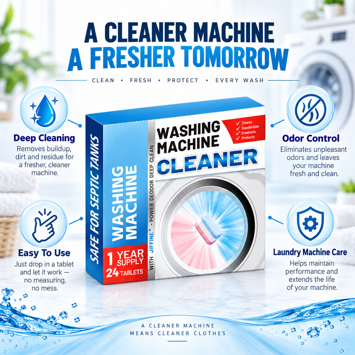 Washing Machine Cleaner Tablets 24 Pack, Powerful Deep Clean Washer Tablets for Front Load and Top Load Washers, Removes Odor, Limescale & Hidden Residue, Keeps Laundry Machine Fresh