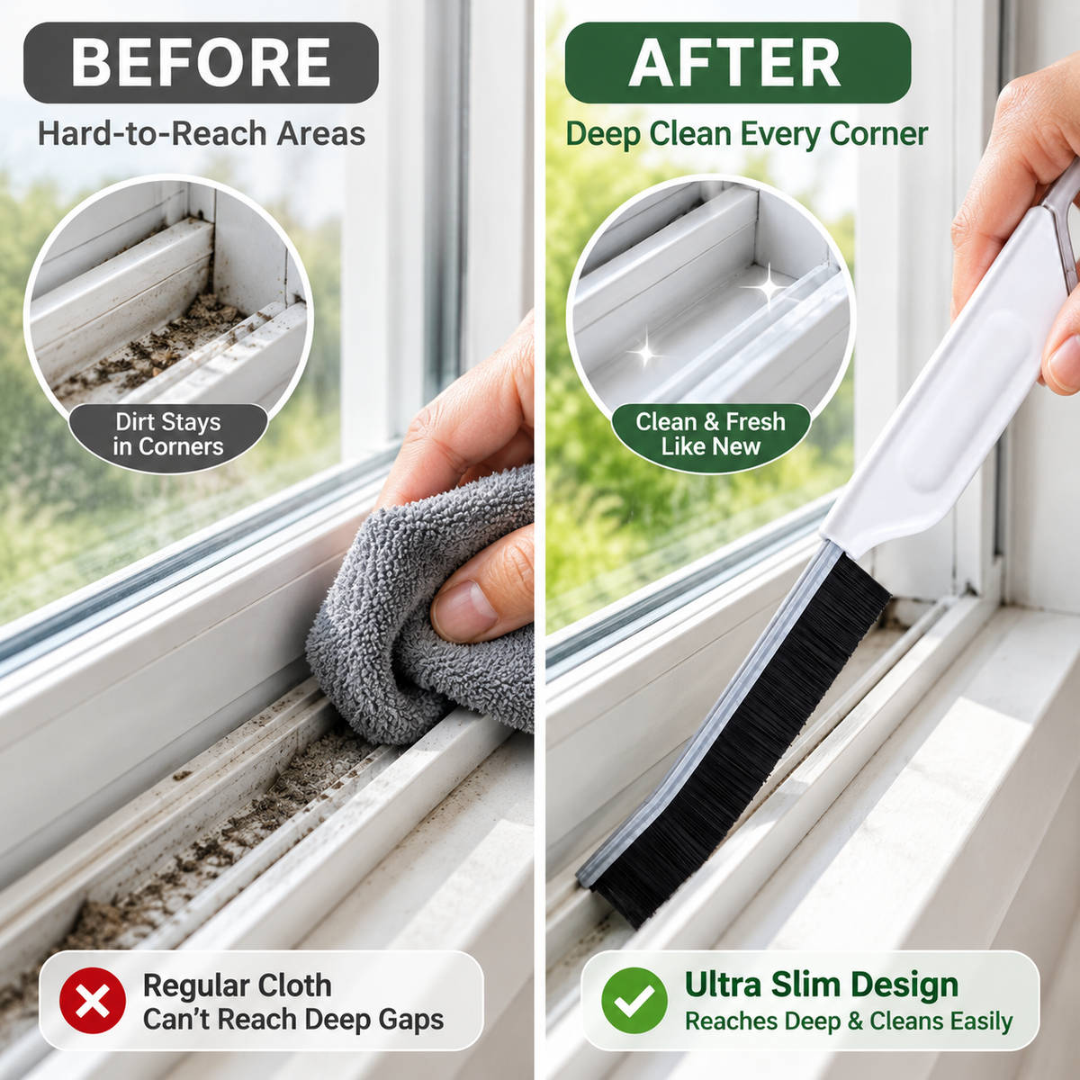 Long Handle Cleaning Brush, Slim Window Groove Cleaner with Dense Bristles, Crevice Cleaning Brush for Sliding Door Tracks, Window Frames, Kitchen Appliances and Home Use