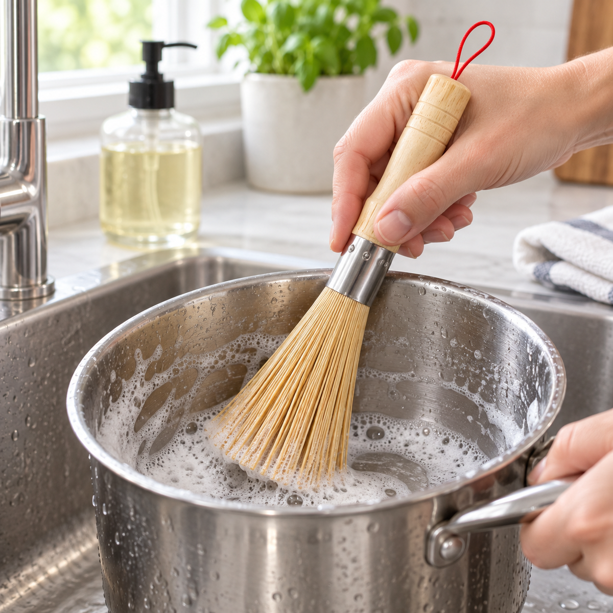 Natural Fiber Dish Brush with Wooden Handle, Eco-Friendly Kitchen Scrub Brush for Cleaning Pots, Pans, Dishes and Sinks, Durable Bristles with Hanging Loop
