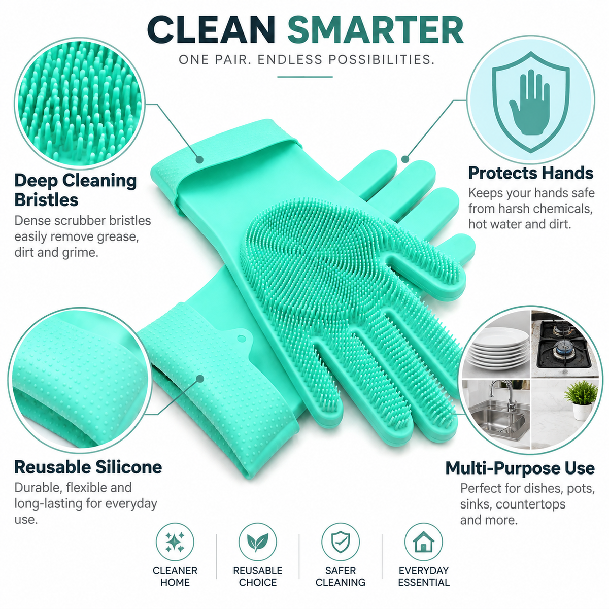 Silicone Dishwashing Gloves with Scrubber, Reusable Cleaning Gloves for Kitchen, Bathroom & Household Use, Waterproof Heat Resistant Gloves with Soft Silicone Bristles