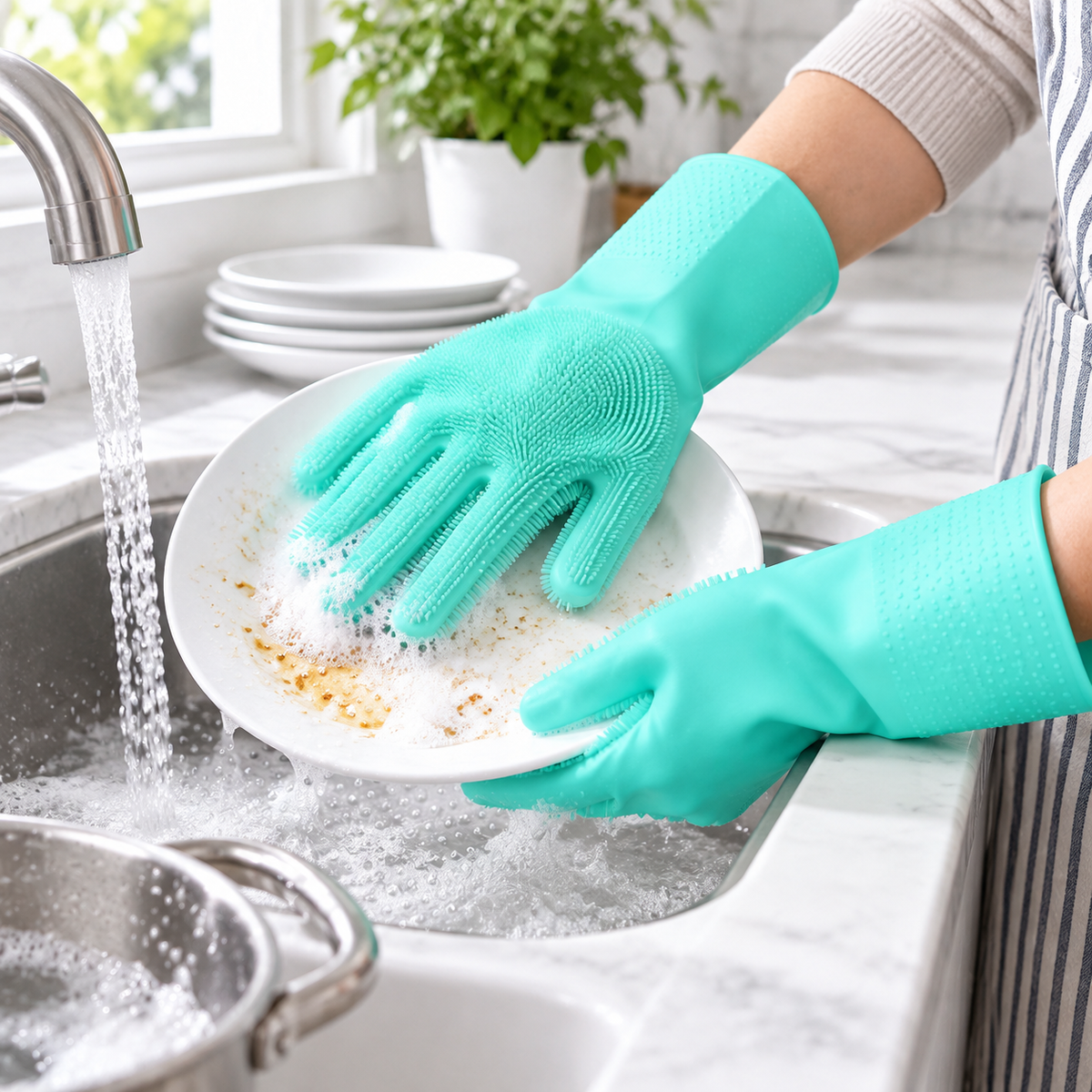 Silicone Dishwashing Gloves with Scrubber, Reusable Cleaning Gloves for Kitchen, Bathroom & Household Use, Waterproof Heat Resistant Gloves with Soft Silicone Bristles